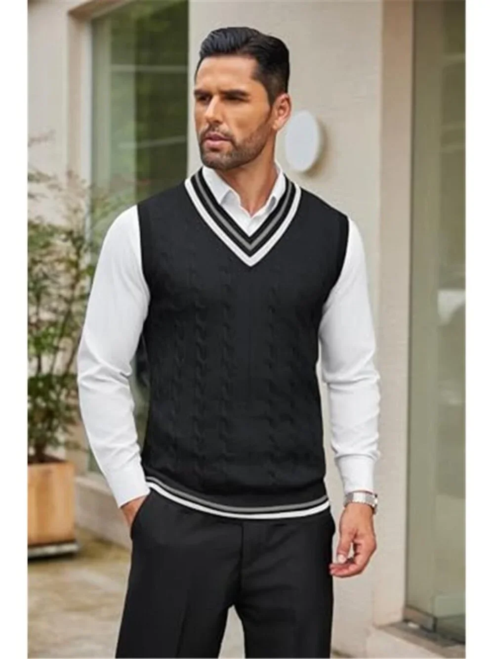 Men's Sweater Vest V Neck Casual Sleeveless Knit Pullover Sweater